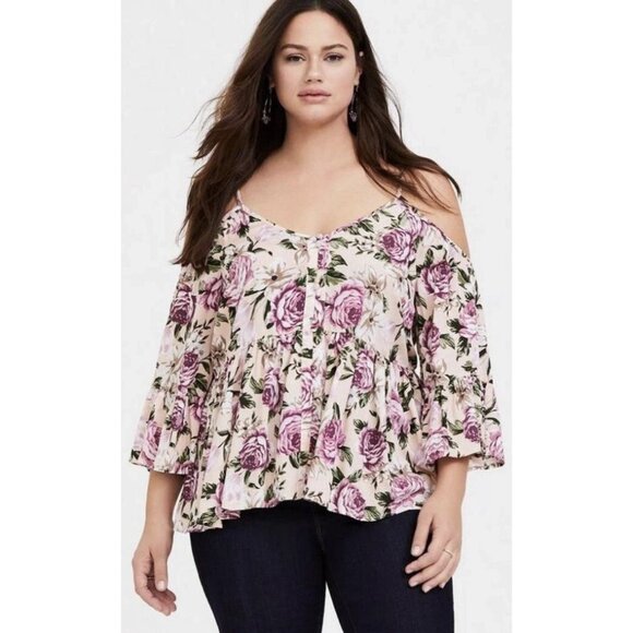Torrid Women's Babydoll Textured Rayon Cold Shoulder Top Blush Floral Size 1 - Picture 2 of 13